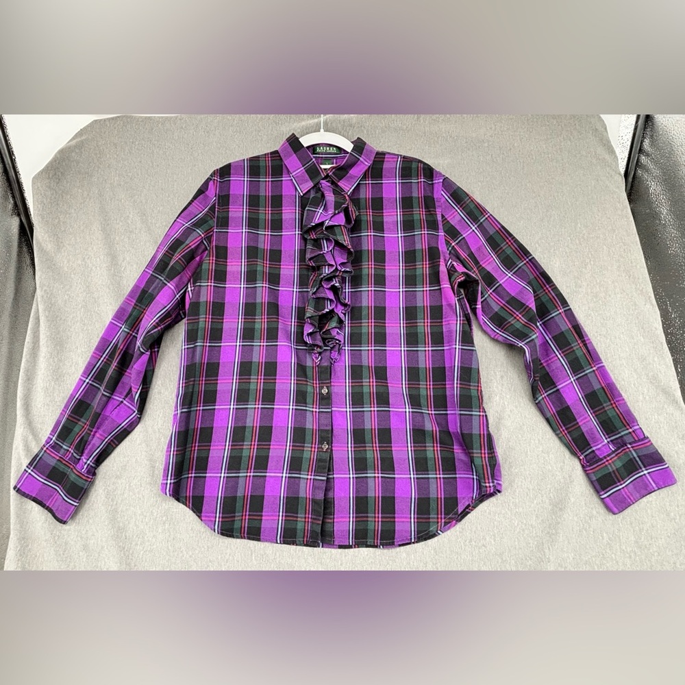 Lauren Ralph Lauren Womens Blouse Sz L Purple Plaid Ruffle Front Button up